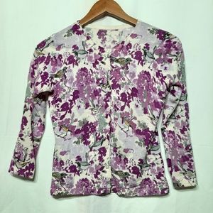 Garnet Hill Floral Cropped Cardigan 3/4 Sleeve